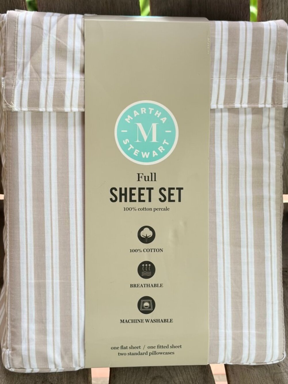 Martha Stewart Full Size BEIGE BILLIE STRIPE Cotton Percale Sheet Set